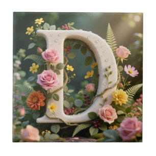 Azulejo De Cerâmica Jardim Floral Branco Monograma Letra D