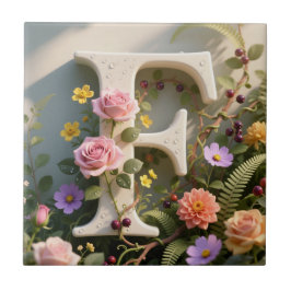 Azulejo De Cerâmica Jardim Floral Branco Monograma Letra F