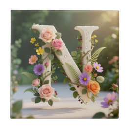 Azulejo De Cerâmica Jardim Floral Branco Monograma Letra N