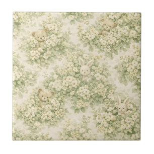 Azulejo De Cerâmica Jardim Floral Bunny Bear Padrão Verde Neutro