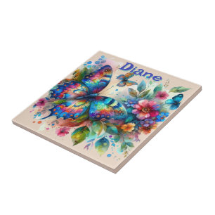 Azulejo De Cerâmica Jardim Floral de Borboleta de Aquarela Personaliza