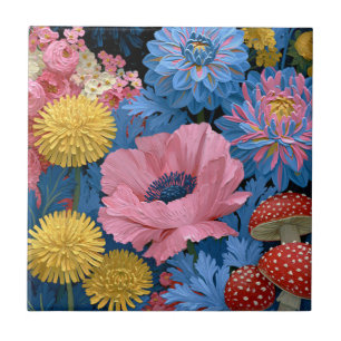 Azulejo De Cerâmica Jardim Floral de Cogumelos em Rosa e Azul