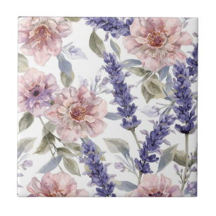 Azulejo De Cerâmica Jardim Floral de Peônia Lavanda em Aquarela