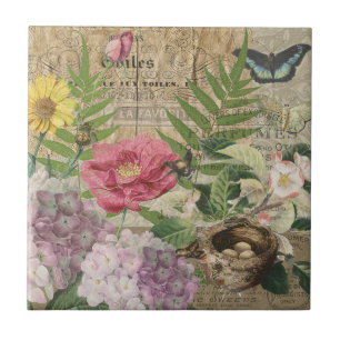 Azulejo De Cerâmica Jardim Floral Ninho de Pássaro Arte Flor Borboleta