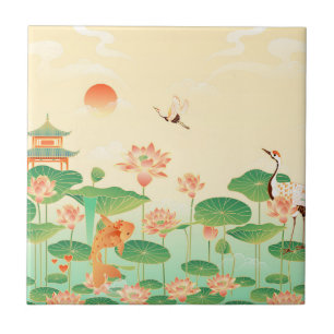 Azulejo De Cerâmica Jardim Japonês Koi Pond e Waterlily Art