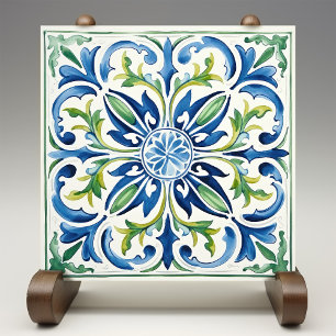 Azulejo De Cerâmica Jardim Siciliano Aquarela Azul Verde