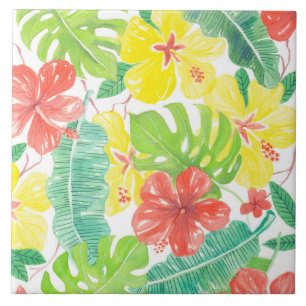 Azulejo De Cerâmica Jardim tropical, hibiscus plumeria e palmeiras