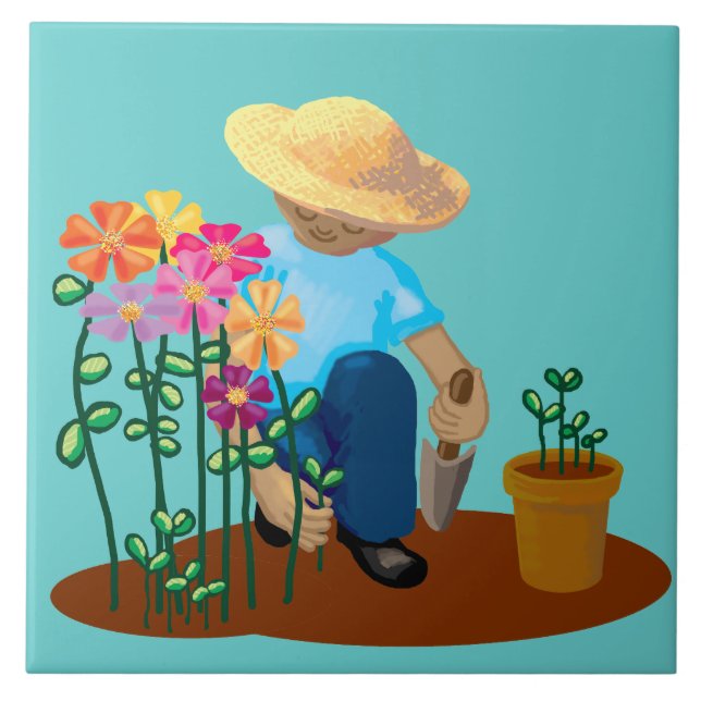 Azulejo De Cerâmica Jardineiro e flores (Frente)