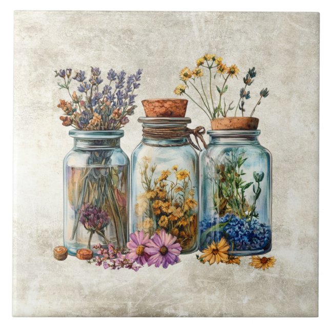 Azulejo De Cerâmica Jarras Rústicas de Aquarela com Ervas Flores (Frente)
