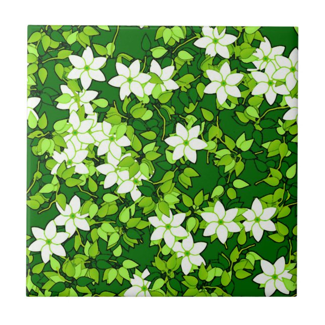 Azulejo De Cerâmica Jasmine Branca Entre Folhas Verdes (Frente)