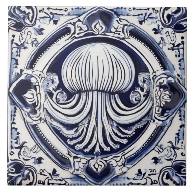 Azulejo De Cerâmica Jellyfish Blue e White Sea Life Beach House (Frente)