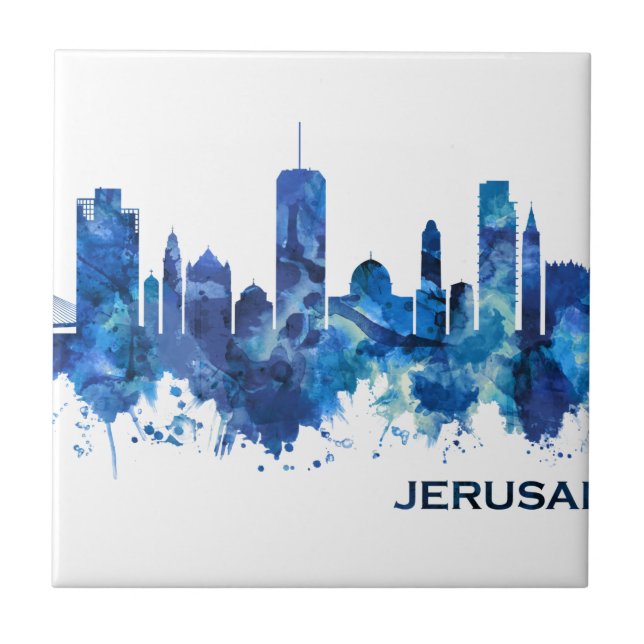 Azulejo De Cerâmica Jerusalém Israel Skyline Azul (Frente)