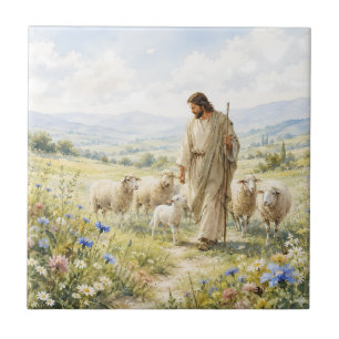 Azulejo De Cerâmica Jesus Bom Pastor Aquarela de Flores Silvestres