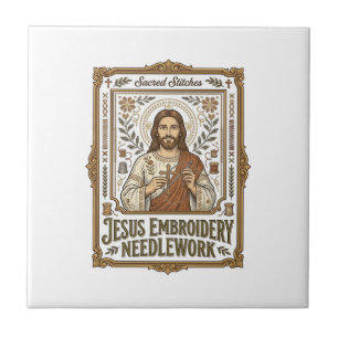 Azulejo De Cerâmica Jesus Bordado Trabalho de Agulha Jesus Bordado Agu