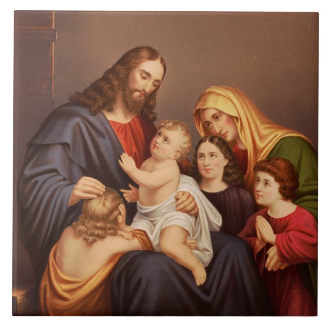 Azulejo De Cerâmica Jesus Cristo com Crianças Arte Fina Premium (Frente)