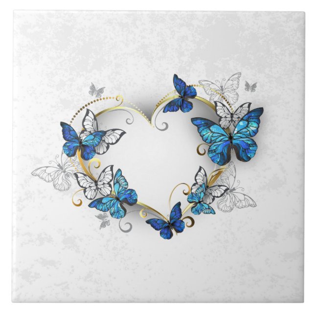 Azulejo De Cerâmica Jewelry Heart with Butterflies Morpho (Frente)