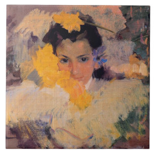 Azulejo De Cerâmica Joaquin Sorolla - Menina com Flores