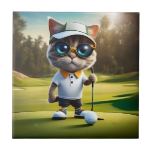 Azulejo De Cerâmica Jogador De Golfe De Gato Animado Engraçado,