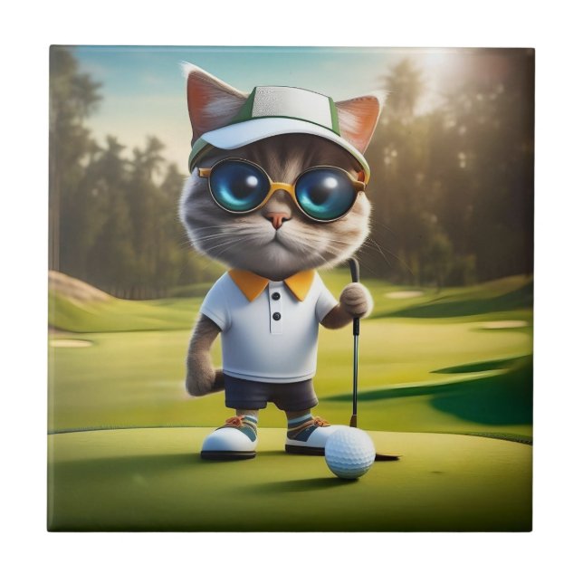Azulejo De Cerâmica Jogador De Golfe De Gato Animado Engraçado, (Frente)