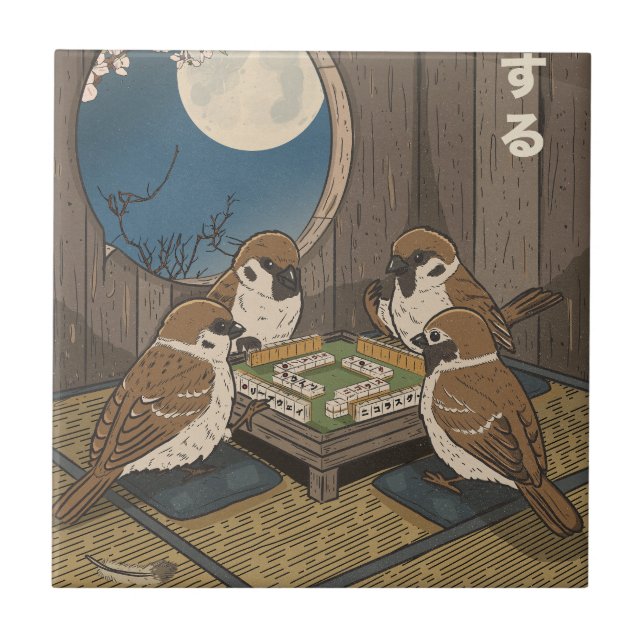 Azulejo De Cerâmica Jogo de pássaros jogando Mahjong  (Frente)