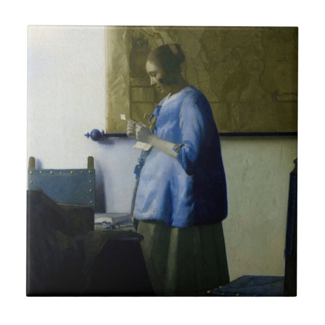 Azulejo De Cerâmica Johannes Vermeer - Mulher a azul lendo uma letra (Frente)