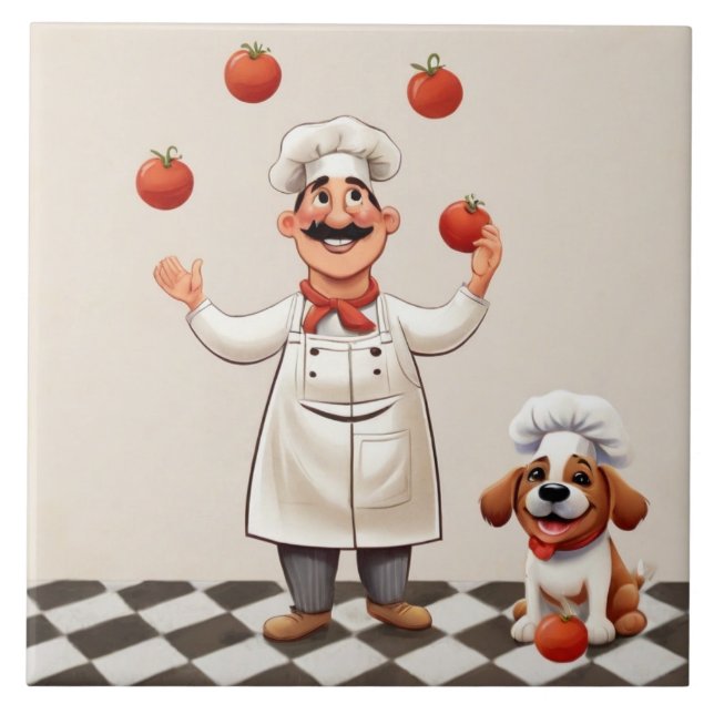 Azulejo De Cerâmica Jolly Chef: French Cook Juggling Tomatoes with dog (Frente)