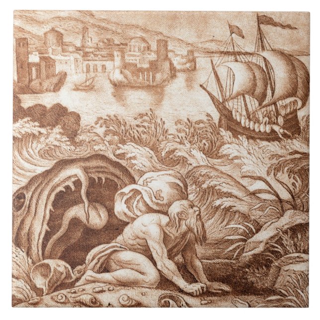 Azulejo De Cerâmica Jonah e a baleia, ilustração de uma bíblia, en (Frente)