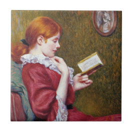 Azulejo De Cerâmica Jovem com cabelo vermelho lendo um bom livro