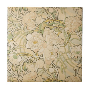 Azulejo De Cerâmica Jovem corça 1897 dos rosas da peônia das peônia