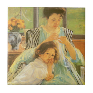 Azulejo De Cerâmica Jovem Mãe Costurando de Mary Cassatt, Arte Antigo