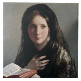 Azulejo De Cerâmica Jovem Mulher Perdida nos Sonhos (Lendo um Livro)