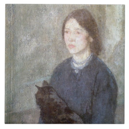 Azulejo De Cerâmica Jovem Segurando um Gato Negro (por Gwen John)