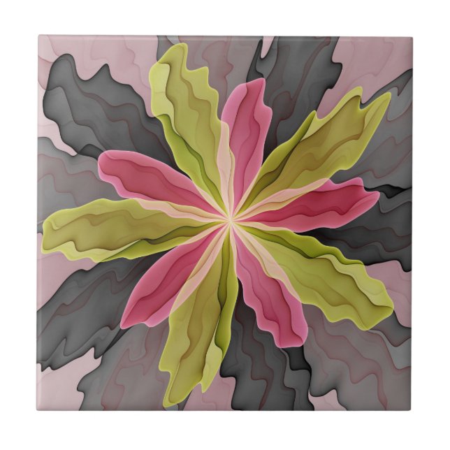 Azulejo De Cerâmica Joy, verde rosa, Antracite Fantasia Flor Fractal (Frente)