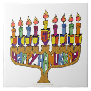 Azulejo De Cerâmica Judaica Feliz Hanukkah Pião Menorá