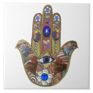 Azulejo De Cerâmica Judaica Hamsa Hearts Flowers Opal Art Impressão