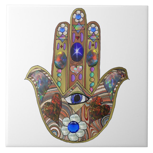 Azulejo De Cerâmica Judaica Hamsa Hearts Flowers Opal Art Impressão (Frente)