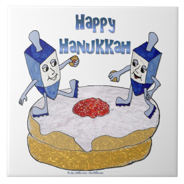 Azulejo De Cerâmica Judaica Happy Hanukkah Dançando Dreidels Doughnut (Frente)