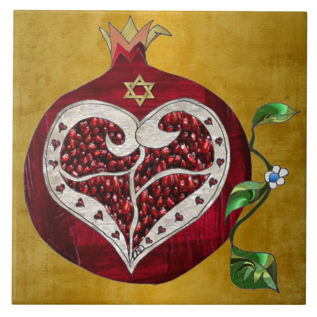 Azulejo De Cerâmica Judaica Pomegranate Heart Hanukkah Rosh Hashanah (Frente)