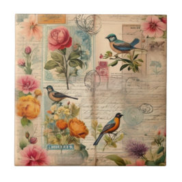 Azulejo De Cerâmica Junk Journal Seite mit Blumen + Vögel -