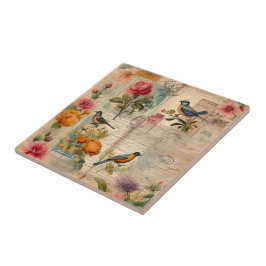 Azulejo De Cerâmica Junk Journal Seite mit Blumen + Vögel -