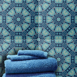Azulejo De Cerâmica Kaleidoscópio Azul Suave e Indigo Geométrico