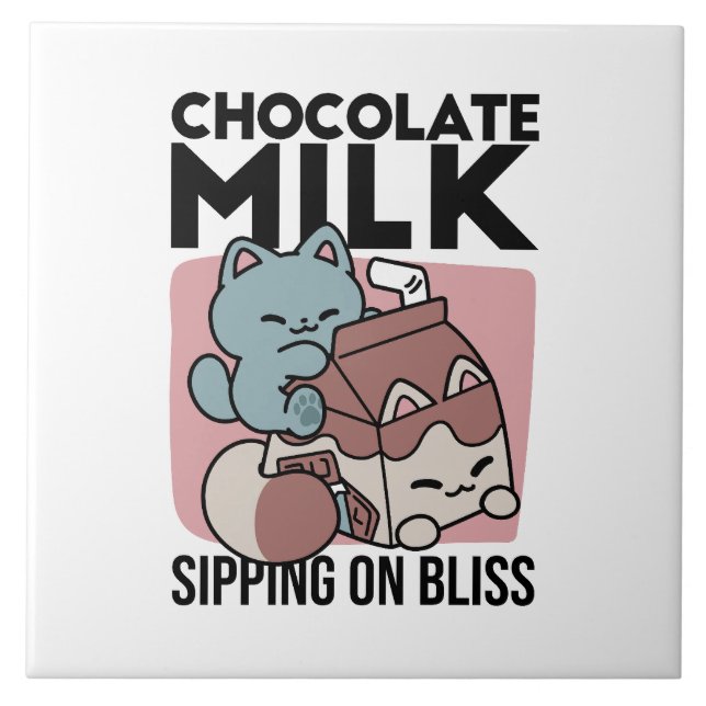 Azulejo De Cerâmica Kawaii Chocolate Milk Cat – Cozy Drink & Cuteness  (Frente)
