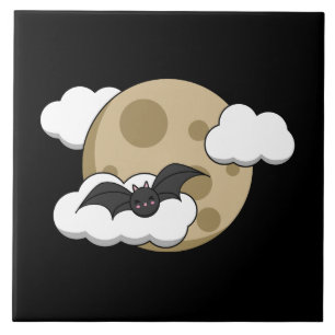 Azulejo De Cerâmica Kawaii Happy Bat Voando em Lua Cheia