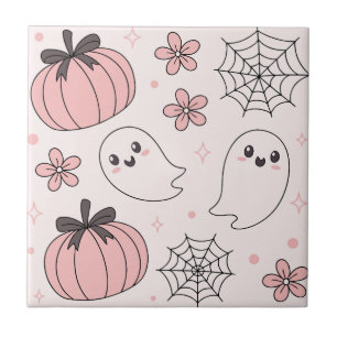 Azulejo De Cerâmica Kawaii Pink Halloween Fantasmas e Pumpkins