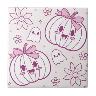 Azulejo De Cerâmica Kawaii Pumpkins, Fantasmas e Flores