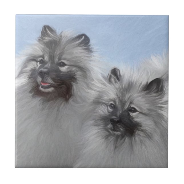 Azulejo De Cerâmica Keeshond Pair de Kees pintando Arte Animal Origina (Frente)