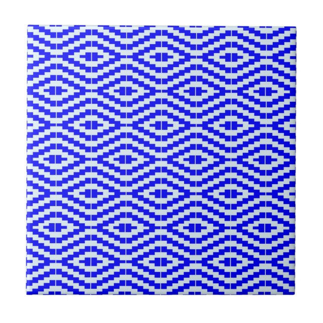 Azulejo De Cerâmica Kente Geométrico Azul Brilhante, Branco, (Frente)