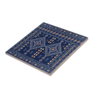 Azulejo De Cerâmica Kilim Tribal do Sudoeste em Azul Marinho e Cobre