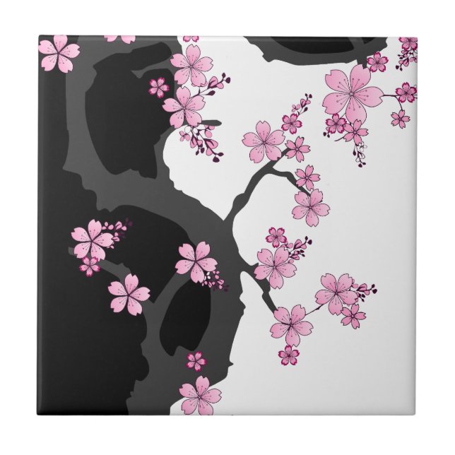 Azulejo De Cerâmica Kimono Black e White Pink Sakura (Frente)