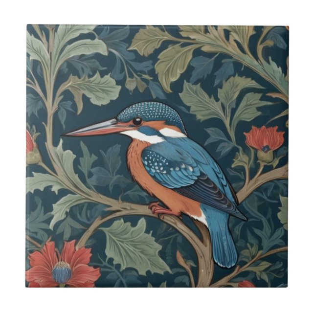 Azulejo De Cerâmica Kingfisher Bird William Morris Estilo à esquerda (Frente)